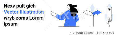 Decision-making, navigation, innovation, creativity, business strategy, personal growth. Person pointing towards directional arrows and rocket. Decision-making and navigation concepts 140385394