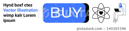 E-commerce, technology, online marketing, digital transactions, science, connectivity. Blue Buy button, atomic symbol with heart person using laptop. E-commerce and technology concept 140385396