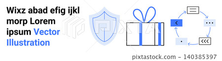 Digital security, gifting, automation, communication, process management, protection. Blue shield, wrapped gift circular workflow diagram. Data security and gifting visually Digital security, gifting, automation, communication, process management, protection. Blue shield, wrapped gift circular workflow diagram. Data security and gifting visually 140385397