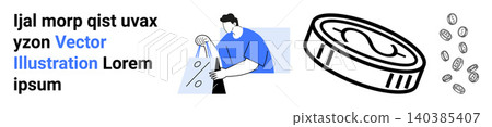 E-commerce, financial transactions, online shopping, digital payment, business growth, modern retail. Person holding a shopping bag, large coin and smaller coins. E-commerce and financial 140385407