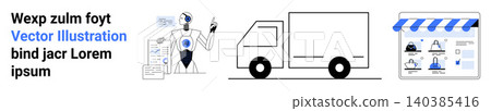 Technology integration, logistics, digital commerce, automation, modern workforce, artificial intelligence. Robot using digital screen alongside a delivery truck and online store interface Technology integration, logistics, digital commerce, automation, modern workforce, artificial intelligence. Robot using digital screen alongside a delivery truck and online store interface 140385416