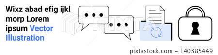 Cybersecurity, data encryption, cloud storage, secure communication, information exchange, data protection. Speech bubbles, a document and a padlock icon. Cybersecurity and data encryption concept Cybersecurity, data encryption, cloud storage, secure communication, information exchange, data protection. Speech bubbles, a document and a padlock icon. Cybersecurity and data encryption concept 140385449