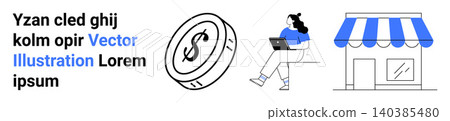 E-commerce, small business solutions, online shopping, financial management, digital transactions, remote work. Coin icon, woman using laptop store front. E-commerce and small business solutions E-commerce, small business solutions, online shopping, financial management, digital transactions, remote work. Coin icon, woman using laptop store front. E-commerce and small business solutions 140385480