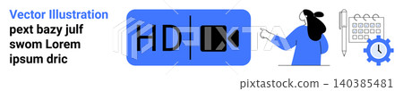 Video production, digital media, productivity tools, scheduling, time management, multimedia design. Blue HD video icon, person pointing calendar and clock gear. Video production and productivity Video production, digital media, productivity tools, scheduling, time management, multimedia design. Blue HD video icon, person pointing calendar and clock gear. Video production and productivity 140385481