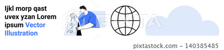 Cleaning services, sustainability, global connection, digital networks, eco-awareness, weather forecast. A person cleaning glass, a globe and a cloud shape. Cleaning services and sustainability Cleaning services, sustainability, global connection, digital networks, eco-awareness, weather forecast. A person cleaning glass, a globe and a cloud shape. Cleaning services and sustainability 140385485