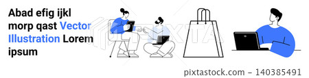 Online shopping, digital collaboration, remote work, technology usage, e-commerce, teamwork. Minimalist figures using laptops and a shopping bag. Online shopping and digital collaboration concepts Online shopping, digital collaboration, remote work, technology usage, e-commerce, teamwork. Minimalist figures using laptops and a shopping bag. Online shopping and digital collaboration concepts 140385491