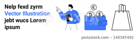 Online payments, e-commerce, financial transactions, digital wallets, shopping, technology integration. A person holding a tablet, coins in a wallet a shopping bag. Online payments and e-commerce Online payments, e-commerce, financial transactions, digital wallets, shopping, technology integration. A person holding a tablet, coins in a wallet a shopping bag. Online payments and e-commerce 140385492