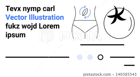 Health and wellness, fitness goals, medical anatomy, body care, weight management, modern design. A womans waist with rotation arrows, abstract shapes and text accents. Health and fitness concept Health and wellness, fitness goals, medical anatomy, body care, weight management, modern design. A womans waist with rotation arrows, abstract shapes and text accents. Health and fitness concept 140385543