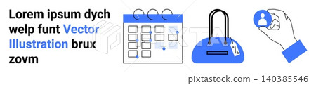 Planning, personal organization, digital identity, scheduling, business accessories, user profiles. Calendar, handbag and hand holding a user icon. Planning and personal organization concept Planning, personal organization, digital identity, scheduling, business accessories, user profiles. Calendar, handbag and hand holding a user icon. Planning and personal organization concept 140385546