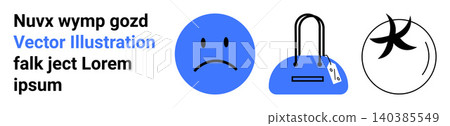 Emotions, shopping, retail, fashion, pricing, simplicity. Sad face symbol, blue handbag with a price tag black abstract symbol. Emotions and shopping concepts Emotions, shopping, retail, fashion, pricing, simplicity. Sad face symbol, blue handbag with a price tag black abstract symbol. Emotions and shopping concepts 140385549