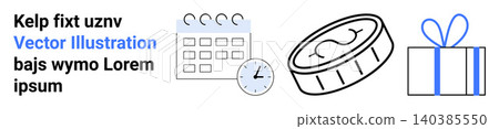 Time management, financial planning, scheduling, goal setting, productivity, celebration reminders. Minimalist icons include a calendar, clock coin and gift box. Time management and financial Time management, financial planning, scheduling, goal setting, productivity, celebration reminders. Minimalist icons include a calendar, clock coin and gift box. Time management and financial 140385550