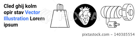 Education, shopping, medical studies, engineering, diagrams, analytics. a heart diagram, shopping bag and industrial part. Education and shopping concept imagery Education, shopping, medical studies, engineering, diagrams, analytics. a heart diagram, shopping bag and industrial part. Education and shopping concept imagery 140385554