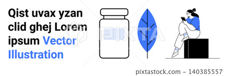 Healthcare, wellness, natural products, telecommunication, medicine, lifestyle. A woman using a phone, a blue leaf and a medicine bottle. Healthcare and wellness Healthcare, wellness, natural products, telecommunication, medicine, lifestyle. A woman using a phone, a blue leaf and a medicine bottle. Healthcare and wellness 140385557