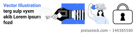Security, personal growth, innovation, creativity, mental health, protection. Hand holding a key, a woman watering her hair as flowers sprout and a padlock. Security and personal growth concepts 140385580