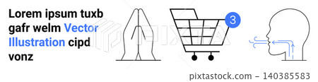 Digital communication, e-commerce, mindfulness practices, health awareness, online shopping, notifications. Shopping cart with alert, praying hands and diagram of human breathing. E-commerce Digital communication, e-commerce, mindfulness practices, health awareness, online shopping, notifications. Shopping cart with alert, praying hands and diagram of human breathing. E-commerce 140385583