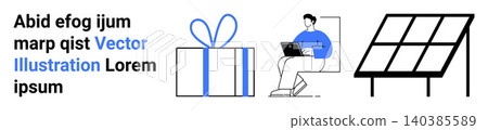 Renewable energy, remote work, sustainable lifestyle, technological advancement, eco-living, gifting ideas. Minimal illustration of a gift box, person with laptop and solar panel. Renewable energy Renewable energy, remote work, sustainable lifestyle, technological advancement, eco-living, gifting ideas. Minimal illustration of a gift box, person with laptop and solar panel. Renewable energy 140385589
