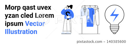 Weather safety, fashion organization, energy innovation, modern illustration, minimalist art, conceptual design. Person holding an umbrella, closet with clothes and an electric light bulb. Weather 140385600