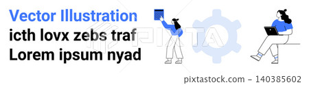 Digital work, online collaboration, productivity, technology usage, design concepts, modern lifestyles. Two individuals using devices, with abstract graphic elements. Digital work and online 140385602