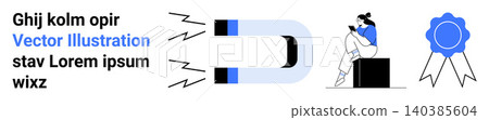 Marketing, education, certification, success, engagement, training. A magnet pulling attention, a seated woman reading and a badge icon. Marketing and certification success concept 140385604