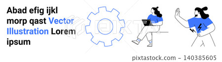 Technology, innovation, digital tools, teamwork, progress, creativity. Gear symbol with individuals using gadgets. Technology and innovation concept for modern business and development Technology, innovation, digital tools, teamwork, progress, creativity. Gear symbol with individuals using gadgets. Technology and innovation concept for modern business and development 140385605