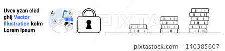 Cybersecurity, finance management, privacy, online safety, identity protection, authentication. Lock icon with security elements and coin stacks. Data security and finance management concept 140385607