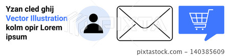 Digital communication, e-commerce, user interface, email marketing, customer support, online platforms. Set of icons a person, envelope and shopping cart. Digital communication and e-commerce Digital communication, e-commerce, user interface, email marketing, customer support, online platforms. Set of icons a person, envelope and shopping cart. Digital communication and e-commerce 140385609