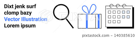 Search tools, planning, gift selection, event organization, deadline tracking, productivity. Magnifying glass, a wrapped gift and a calendar. Search tools and planning concept Search tools, planning, gift selection, event organization, deadline tracking, productivity. Magnifying glass, a wrapped gift and a calendar. Search tools and planning concept 140385610