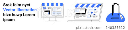 Online shopping, digital transactions, retail marketing, small businesses, e-commerce platforms, payment security. Computer screen with a storefront, web page and shopping bag. E-commerce and online Online shopping, digital transactions, retail marketing, small businesses, e-commerce platforms, payment security. Computer screen with a storefront, web page and shopping bag. E-commerce and online 140385612