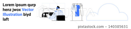 Cloud computing, digital fashion, e-commerce, data integration, smart retail, technology trends. A clothing rack with a digital interface and a cloud symbol. Cloud computing and digital fashion 140385631