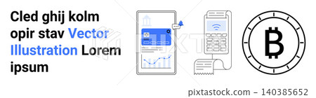Fintech, cryptocurrency, mobile payments, data analytics, digital wallet, blockchain technology. Mobile device with analytics, payment terminal Bitcoin symbol. Fintech and cryptocurrency concepts Fintech, cryptocurrency, mobile payments, data analytics, digital wallet, blockchain technology. Mobile device with analytics, payment terminal Bitcoin symbol. Fintech and cryptocurrency concepts 140385652