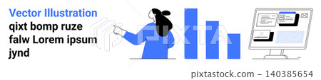 Data visualization, digital presentations, workplace analytics, business reports, productivity, education. Woman pointing to bar graphs and a desktop screen. Data visualization and digital 140385654