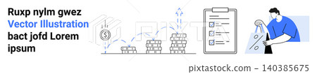 Finance, productivity, business planning, goal tracking, troubleshooting, economic trends. Stacked coins, growth graph checklist person holding tools. Finance and productivity ideas Finance, productivity, business planning, goal tracking, troubleshooting, economic trends. Stacked coins, growth graph checklist person holding tools. Finance and productivity ideas 140385675