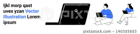 Remote work, digital collaboration, online learning, technology use, work from home, productivity. Minimalist laptop with people using devices. Remote work and digital collaboration concept 140385683