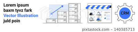 Business optimization, inventory tracking, CRM systems, sales management, data analysis, e-commerce operations. Graphic showing inventory, storefront analytics and CRM gear. CRM systems 140385713