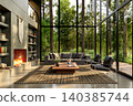Modern loft style living room with large windows overlooking a green forest view 3d render 140385744