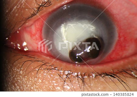 Slit-lamp image demonstrating a brownish protruding mass consistent with iris prolapse through a perforated corneal ulcer, with intense corneal infiltrate Slit-lamp image demonstrating a brownish protruding mass consistent with iris prolapse through a perforated corneal ulcer, with intense corneal infiltrate 140385824