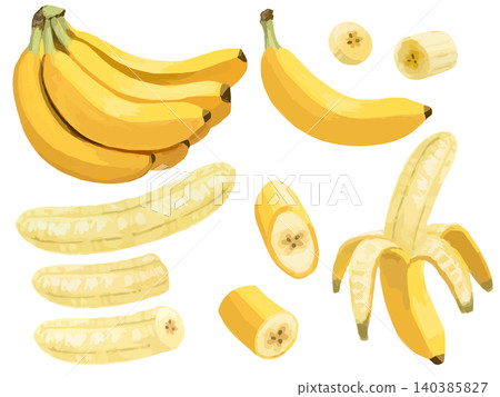 Banana set (one banana, peeled, partially peeled, sliced, and halved) Banana set (one banana, peeled, partially peeled, sliced, and halved) 140385827