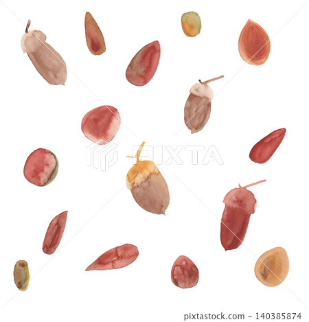 A set of many gentle acorns and nuts painted in hand-painted watercolors. 140385874