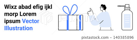 Celebrations, hygiene, gift-giving, guidance, communication, events. Person gesturing at a gift box alongside a bottle. Celebrations and hygiene theme with person, gift box and bottle Celebrations, hygiene, gift-giving, guidance, communication, events. Person gesturing at a gift box alongside a bottle. Celebrations and hygiene theme with person, gift box and bottle 140385896
