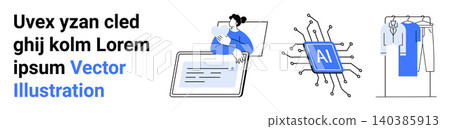 Artificial intelligence, remote work, digital communication, technology innovation, online shopping, virtual assistance. Person on a laptop, AI chip clothing rack. Artificial intelligence and remote 140385913