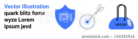Cybersecurity, target accuracy, personal data, security solutions, authentication, digital protection. Blue fingerprint shield, target with arrow handbag with security tag. Cybersecurity and target Cybersecurity, target accuracy, personal data, security solutions, authentication, digital protection. Blue fingerprint shield, target with arrow handbag with security tag. Cybersecurity and target 140385916