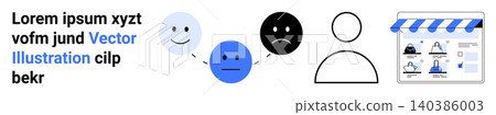 Emotional expression, digital commerce, user interface, online interaction, web design, social media. Emoticons and person icon next to an online storefront layout. Emotional expression and digital Emotional expression, digital commerce, user interface, online interaction, web design, social media. Emoticons and person icon next to an online storefront layout. Emotional expression and digital 140386003
