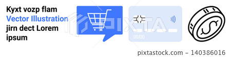 E-commerce, digital transactions, online shopping, financial technology, cashless payments, retail. Shopping cart, credit card and currency symbol. E-commerce and digital transactions concept 140386016