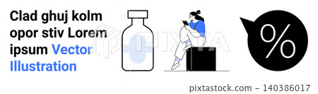 Healthcare, technology, literature, online learning, medicine, data analysis. Bottle, person on a box reading percentage sign. Healthcare and technology innovation 140386017