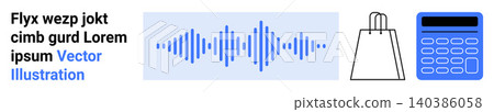 Audio technology, consumer behavior, e-commerce, retail analytics, financial tools, digital marketing. A blue soundwave, shopping bag and calculator graphic. s audio technology and consumer behavior Audio technology, consumer behavior, e-commerce, retail analytics, financial tools, digital marketing. A blue soundwave, shopping bag and calculator graphic. s audio technology and consumer behavior 140386058