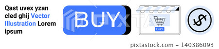 Online shopping, e-commerce, digital payments, web transactions, UI design, business tools. A blue Buy button, shopping cart icon and dollar symbol graphic. Online shopping and e-commerce theme 140386093