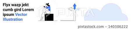 Digital transformation, cloud storage, connectivity, communication, navigation, decision-making. Person sitting using smartphone, arrow pointing up cloud icon. Digital transformation and cloud Digital transformation, cloud storage, connectivity, communication, navigation, decision-making. Person sitting using smartphone, arrow pointing up cloud icon. Digital transformation and cloud 140386222