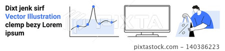 Business analytics, technology, data visualization, workflow, productivity, user interaction. Features graph trends, display screen and a worker taking action. Data visualization and technology 140386223