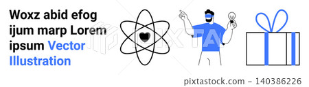 Science, creativity, innovation, education, knowledge, gift ideas. Atomic symbol with a heart, a person holding a lightbulb and a gift box. Science and creativity Science, creativity, innovation, education, knowledge, gift ideas. Atomic symbol with a heart, a person holding a lightbulb and a gift box. Science and creativity 140386226