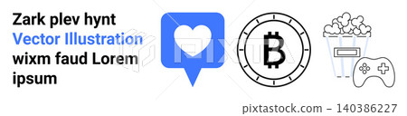 Social media, cryptocurrency, digital finance, entertainment, gaming, online interaction. Blue heart in a speech bubble, Bitcoin coin popcorn gaming controller. Social media and cryptocurrency Social media, cryptocurrency, digital finance, entertainment, gaming, online interaction. Blue heart in a speech bubble, Bitcoin coin popcorn gaming controller. Social media and cryptocurrency 140386227